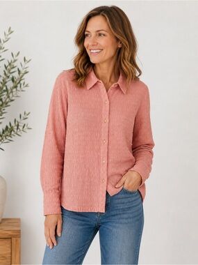 Hanna Andersson Blush Pink Textured Crinkle Button Down Blouse Womens 14 Stretch